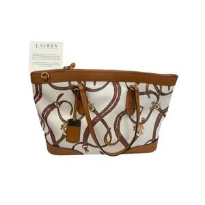 LAUREN RALPH LAUREN CREAM AND BROWN CALDWELL BELTIN BARREL SATCHEL
